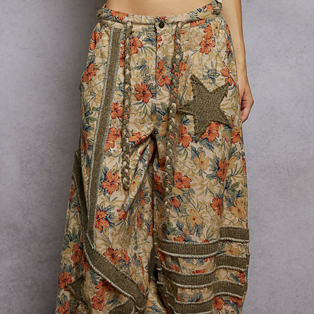 POL Floral Wide-Leg Pants with Star Patch - Picture 1 of 5